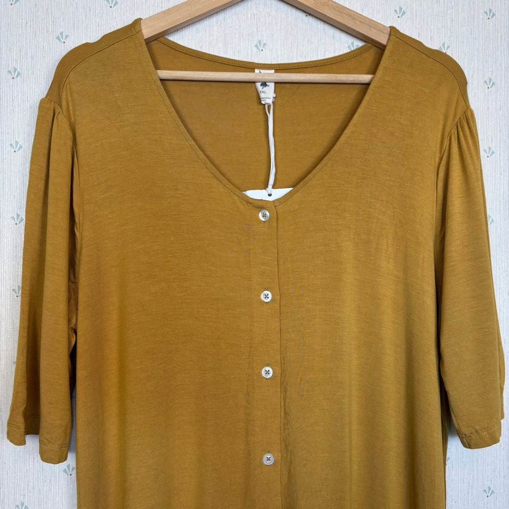 Kate Quinn Bamboo V-Neck Button Front Midi Dress XXL Mustard Yellow Earthy Boho - Picture 3 of 9